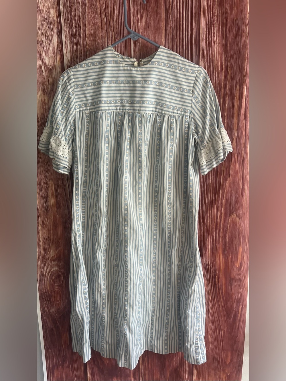 Light Blue Striped Cotton Day Dress with Eyelet Trim with Daisies Zipper Back